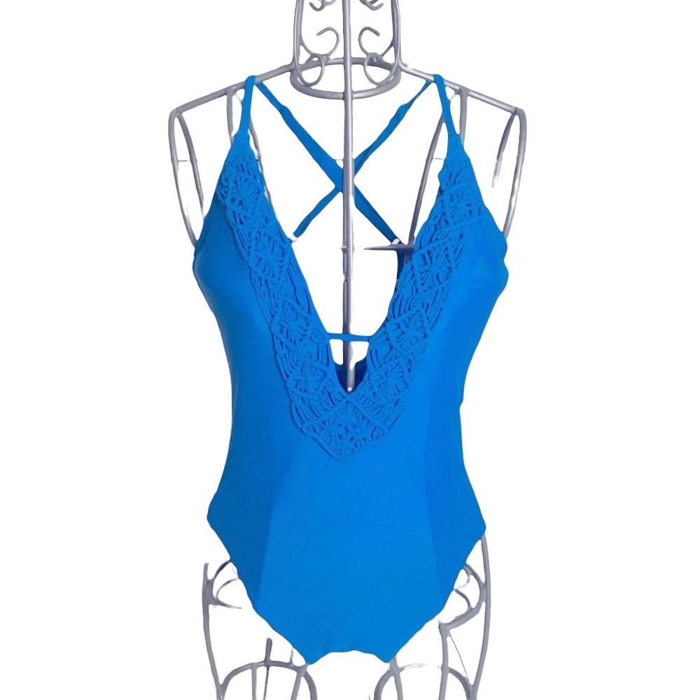 CHRISTINA Maillots Blue Plunging One Piece Open Back Swimsuit Sz Small